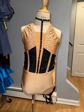Gold and Black Halter Dance Leotard with Rhinestones — Custom Made Child M (8-10